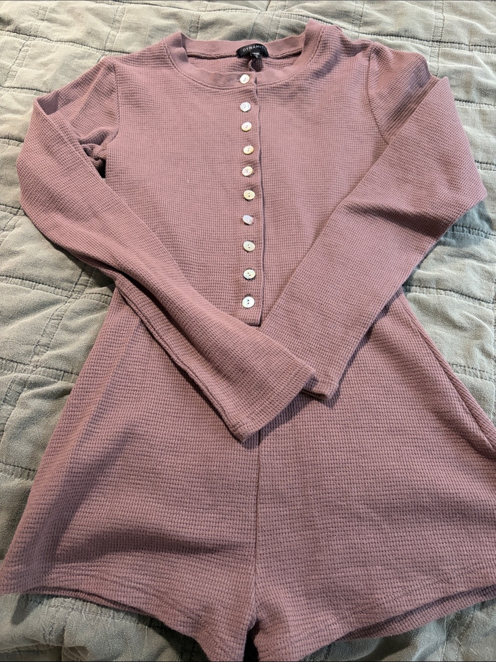 Waffle-Knit Long Sleeve Romper in Dusty Mauve